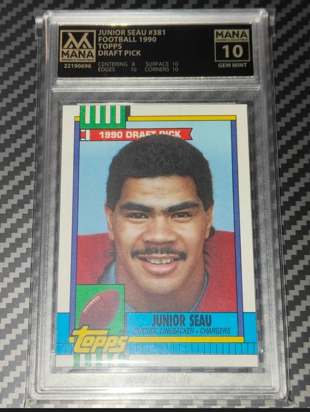 Junior Seau  DISCLAIMER BACK card Topps 1990 football graded GEM MINT 10 POP 1